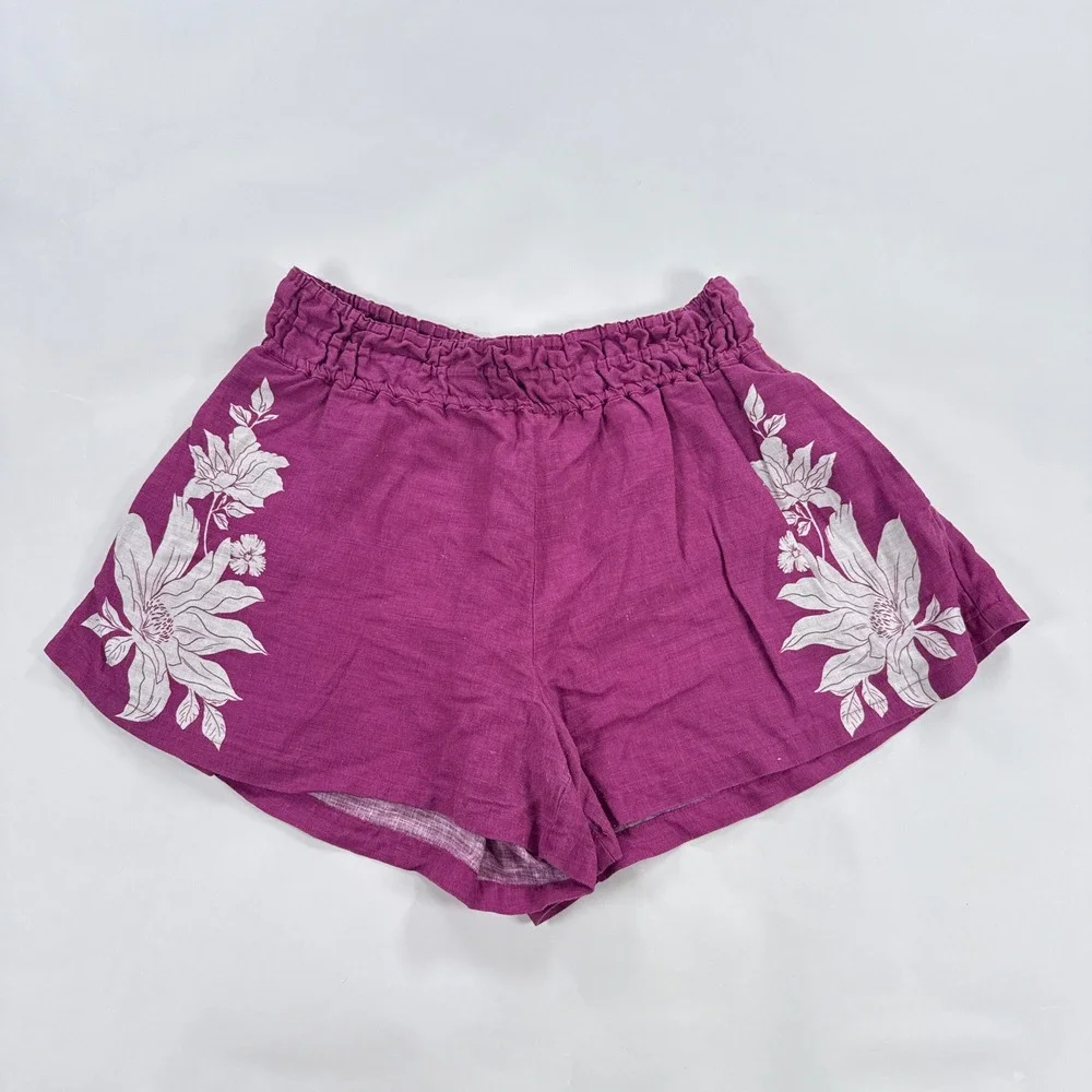 Anthropologie Womens Shorts M Magenta Floral Smocked Linen Boho Summer Casual